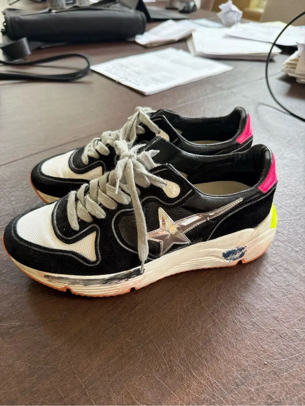Golden Goose Black & White Sneakers with Silver Star, Pink Heel, Orange Bottom